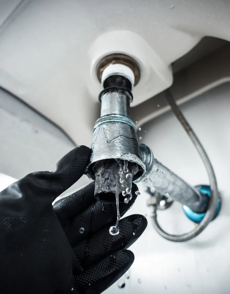 Fuite d'eau sous l'évier avec main gantée